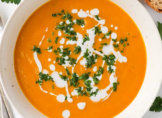 Rustic Pumpkin & Carrot Mash Soup with Garlic, Thyme & Pine Nuts